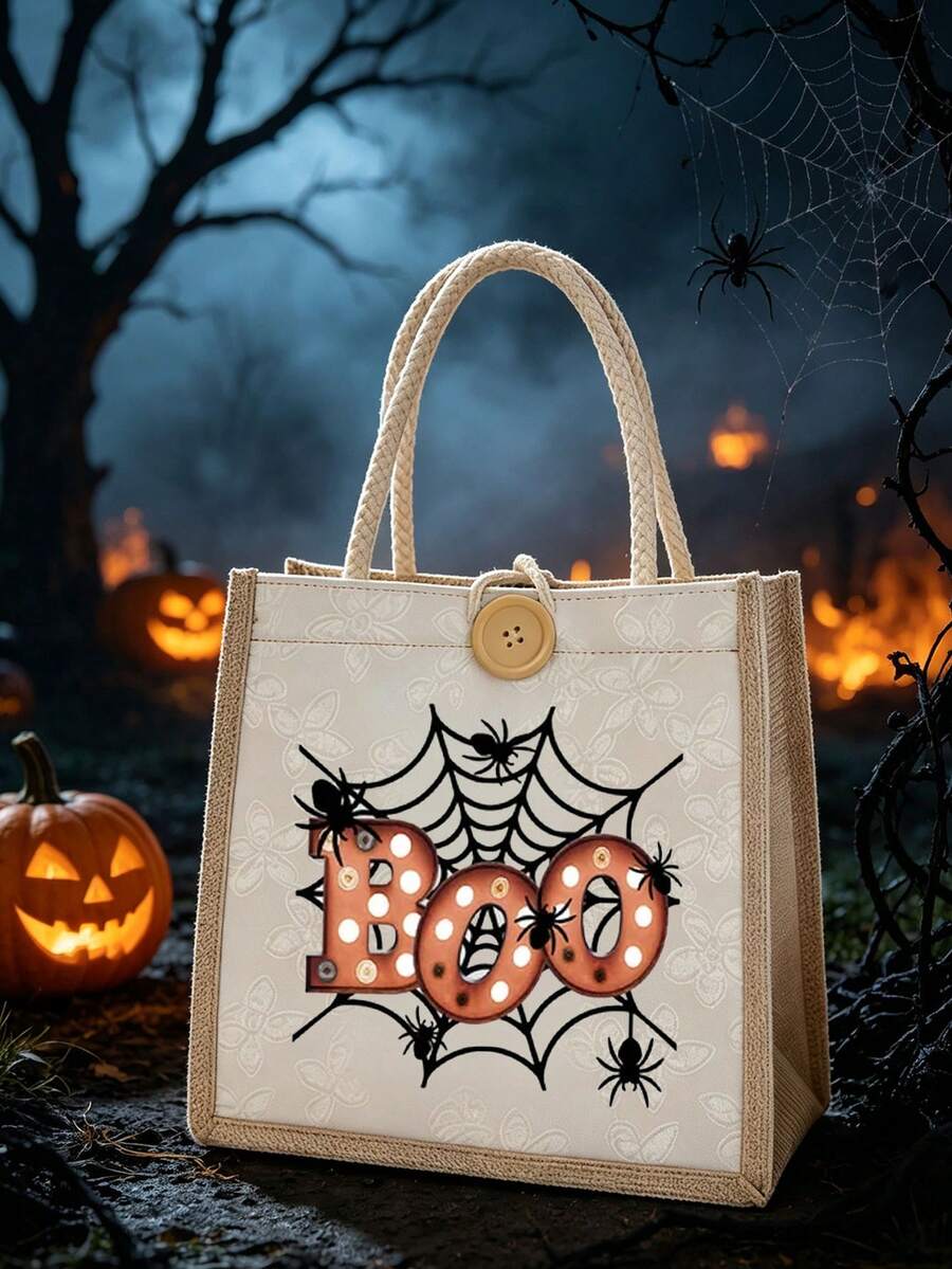 1pc Halloween Printed Linen Tote Bag, Reusable Printed Women's Handbag, Dual Handle Shopping Bag, Large Capacity Shoulder Bag, Casual Tote, Halloween Storage Bag, Suitable For Commuting, School And Sh