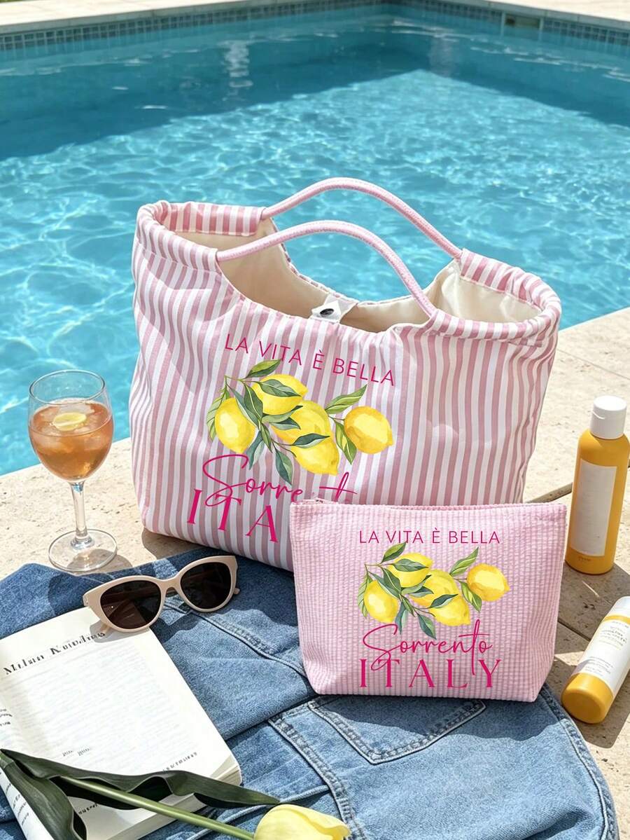 Vintage Striped Handbag With Italian Sorrento Lemon Pattern And Matching Contrast Color Pouch, Bohemian Striped Beach Bag, Fresh Lemon Canvas Holiday Tote, Durable Reusable Shopping Bag, Suitable For