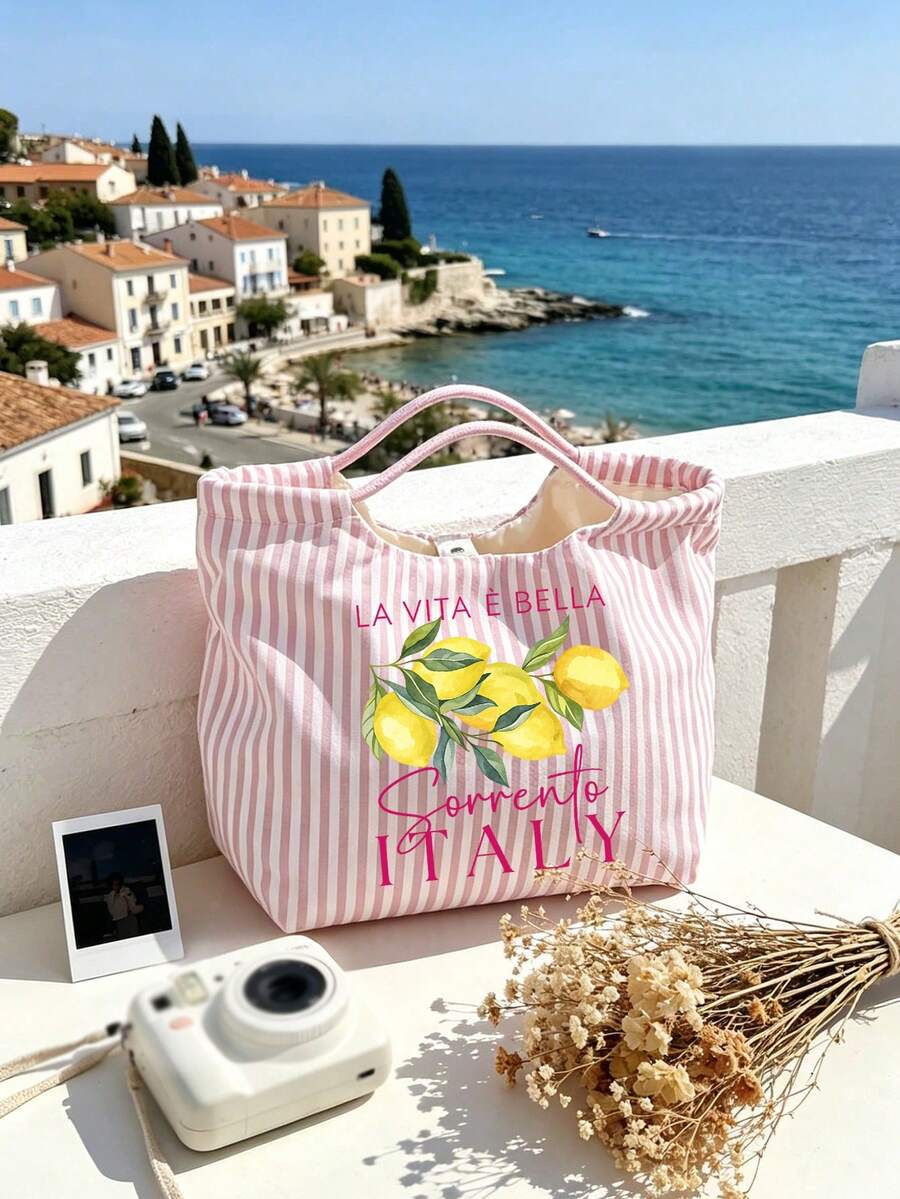 Vintage Striped Handbag With Italian Sorrento Lemon Pattern And Matching Contrast Color Pouch, Bohemian Striped Beach Bag, Fresh Lemon Canvas Holiday Tote, Durable Reusable Shopping Bag, Suitable For