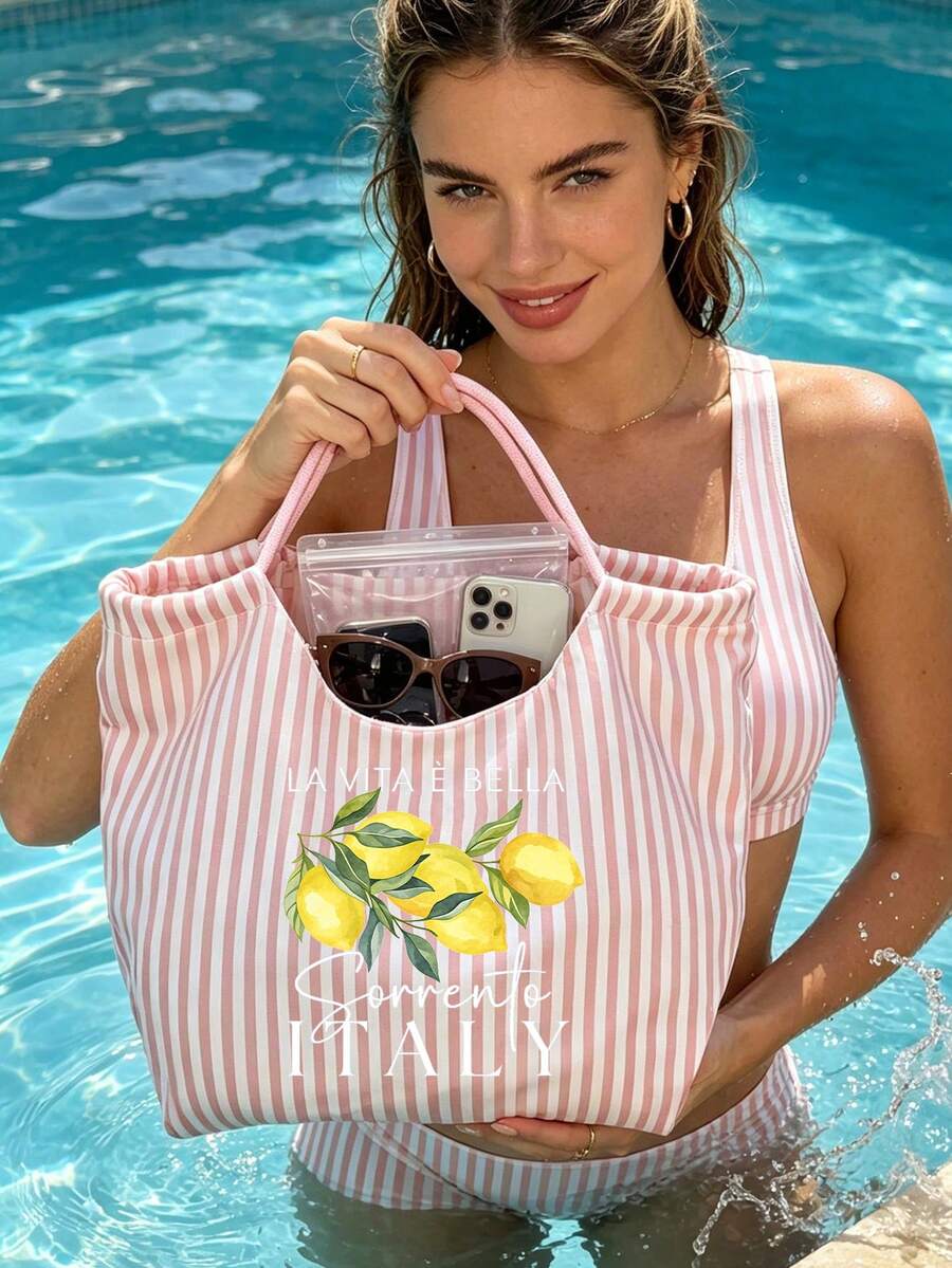 Vintage Striped Handbag With Italian Sorrento Lemon Pattern And Matching Contrast Color Pouch, Bohemian Striped Beach Bag, Fresh Lemon Canvas Holiday Tote, Durable Reusable Shopping Bag, Suitable For