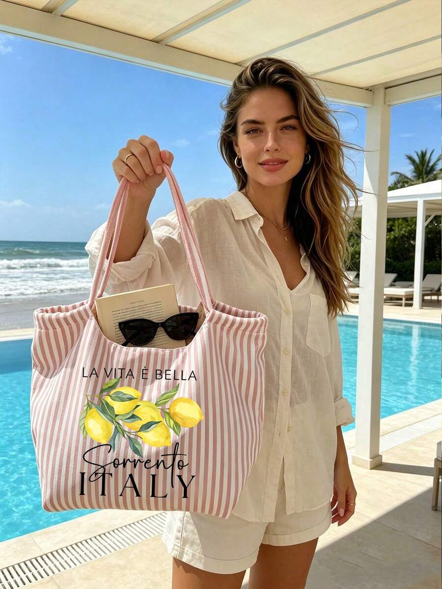 Vintage Striped Handbag With Italian Sorrento Lemon Pattern And Matching Contrast Color Pouch, Bohemian Striped Beach Bag, Fresh Lemon Canvas Holiday Tote, Durable Reusable Shopping Bag, Suitable For