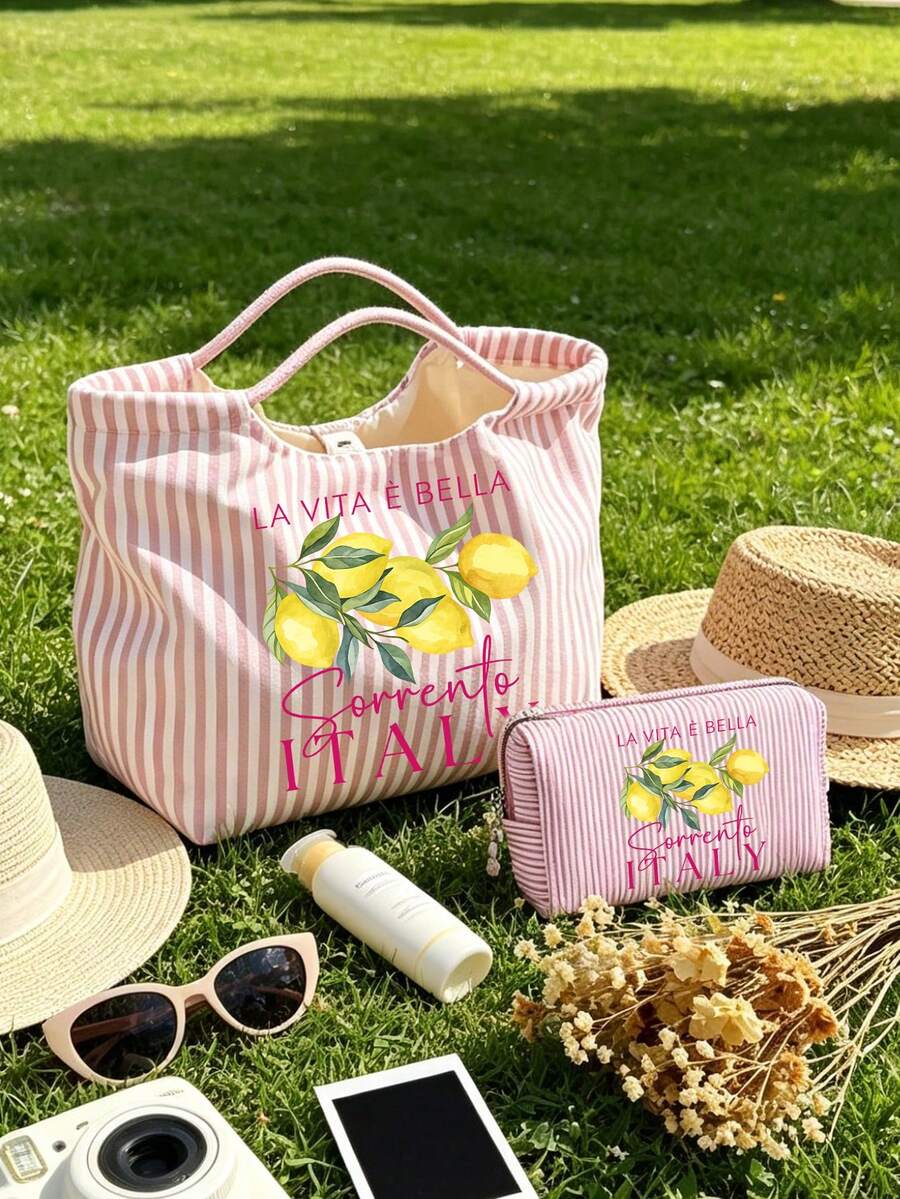 Vintage Striped Handbag With Italian Sorrento Lemon Pattern And Matching Contrast Color Pouch, Bohemian Striped Beach Bag, Fresh Lemon Canvas Holiday Tote, Durable Reusable Shopping Bag, Suitable For