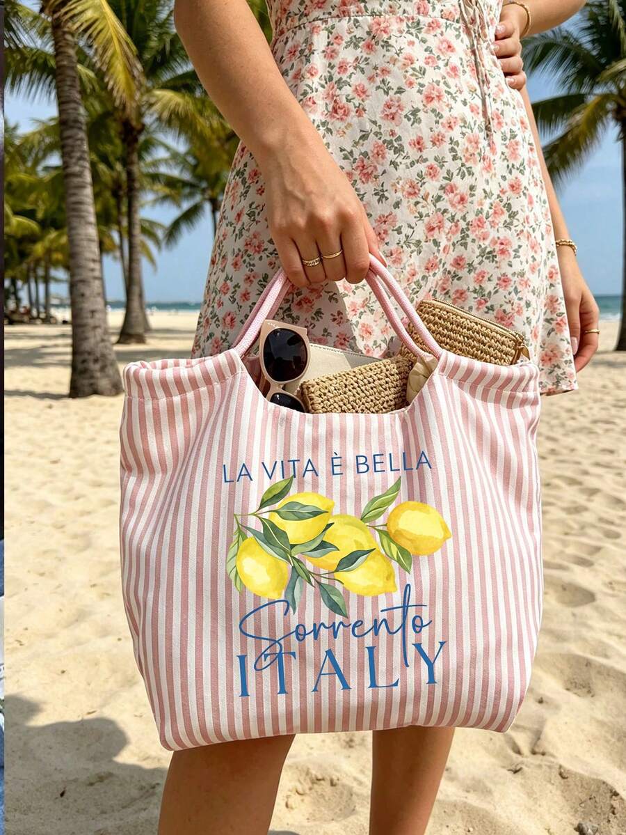 Vintage Striped Handbag With Italian Sorrento Lemon Pattern And Matching Contrast Color Pouch, Bohemian Striped Beach Bag, Fresh Lemon Canvas Holiday Tote, Durable Reusable Shopping Bag, Suitable For