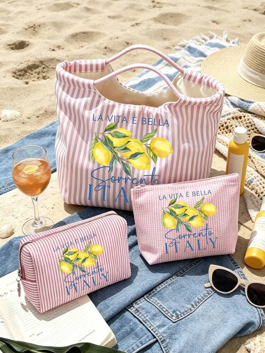 Vintage Striped Handbag With Italian Sorrento Lemon Pattern And Matching Contrast Color Pouch, Bohemian Striped Beach Bag, Fresh Lemon Canvas Holiday Tote, Durable Reusable Shopping Bag, Suitable For