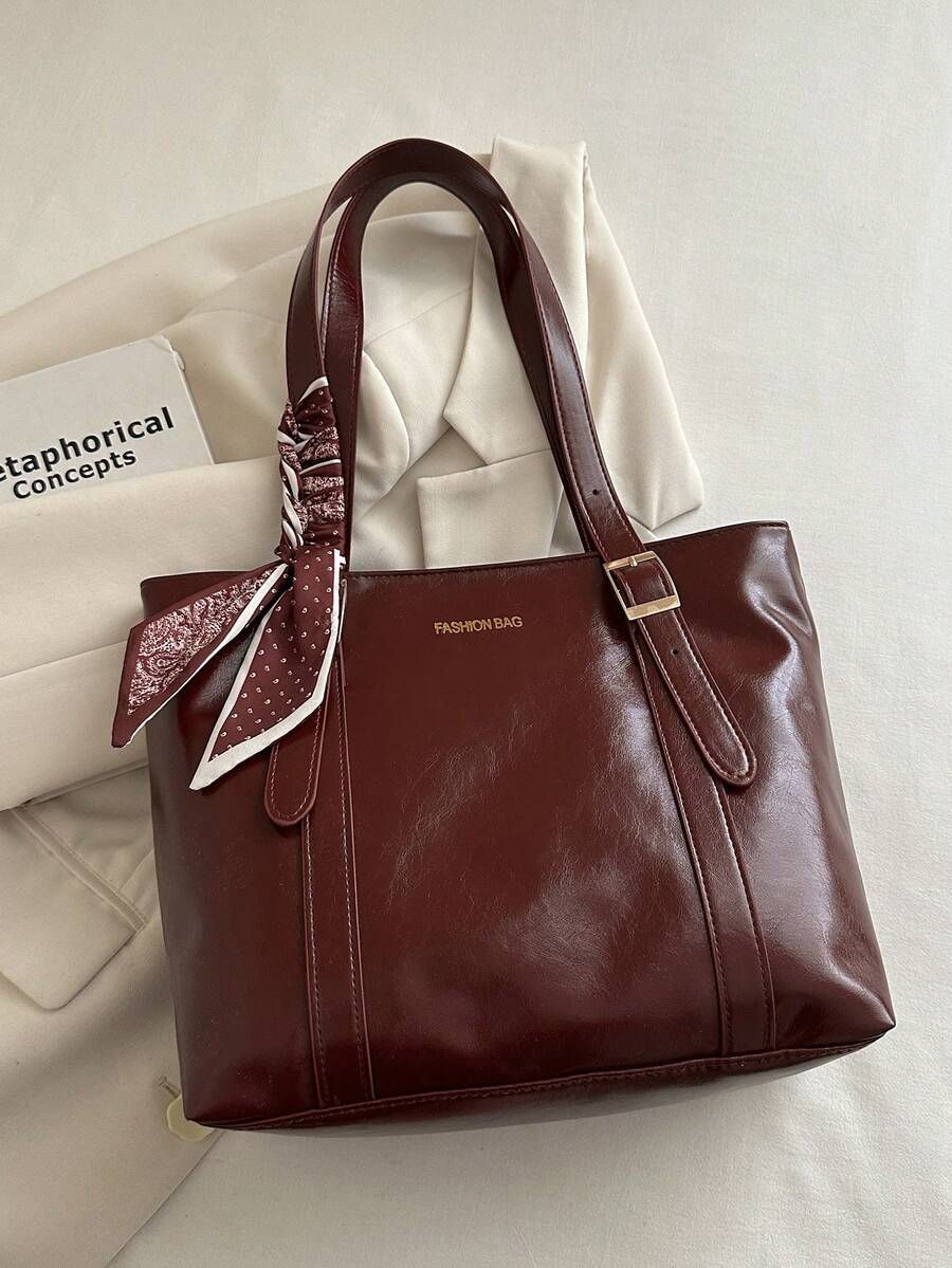 1pc Red Summer New Scarf Decor Large Capacity Solid Color PU Tote Bag Women's Shoulder Bag