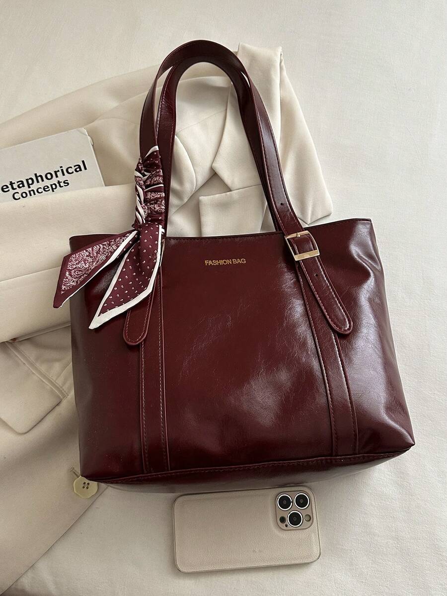 1pc Red Summer New Scarf Decor Large Capacity Solid Color PU Tote Bag Women's Shoulder Bag