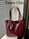 1pc Red Summer New Scarf Decor Large Capacity Solid Color PU Tote Bag Women's Shoulder Bag