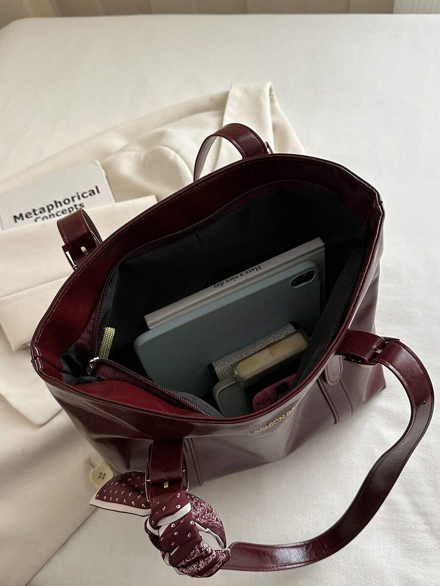 1pc Red Summer New Scarf Decor Large Capacity Solid Color PU Tote Bag Women's Shoulder Bag