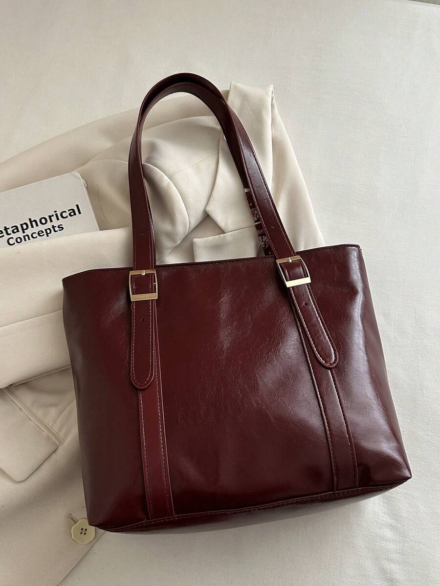 1pc Red Summer New Scarf Decor Large Capacity Solid Color PU Tote Bag Women's Shoulder Bag