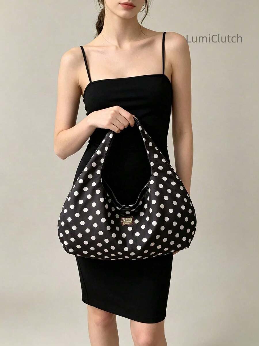Women Large Polka Dot Hobo Bag, Wrinkle Canvas Crossbody Shoulder Tote Purse, Casual Daily Handbag For Travel Shopping School, Lightweight Sling Bag