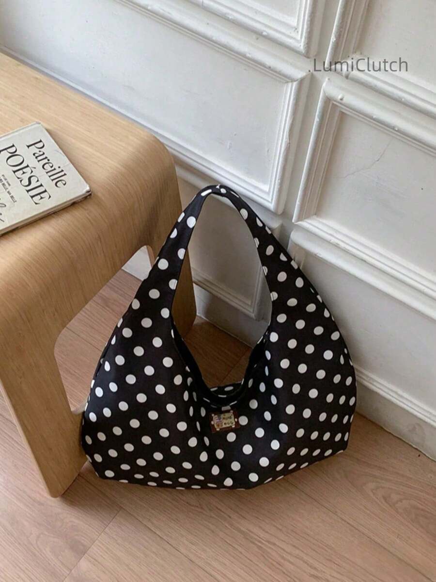Women Large Polka Dot Hobo Bag, Wrinkle Canvas Crossbody Shoulder Tote Purse, Casual Daily Handbag For Travel Shopping School, Lightweight Sling Bag