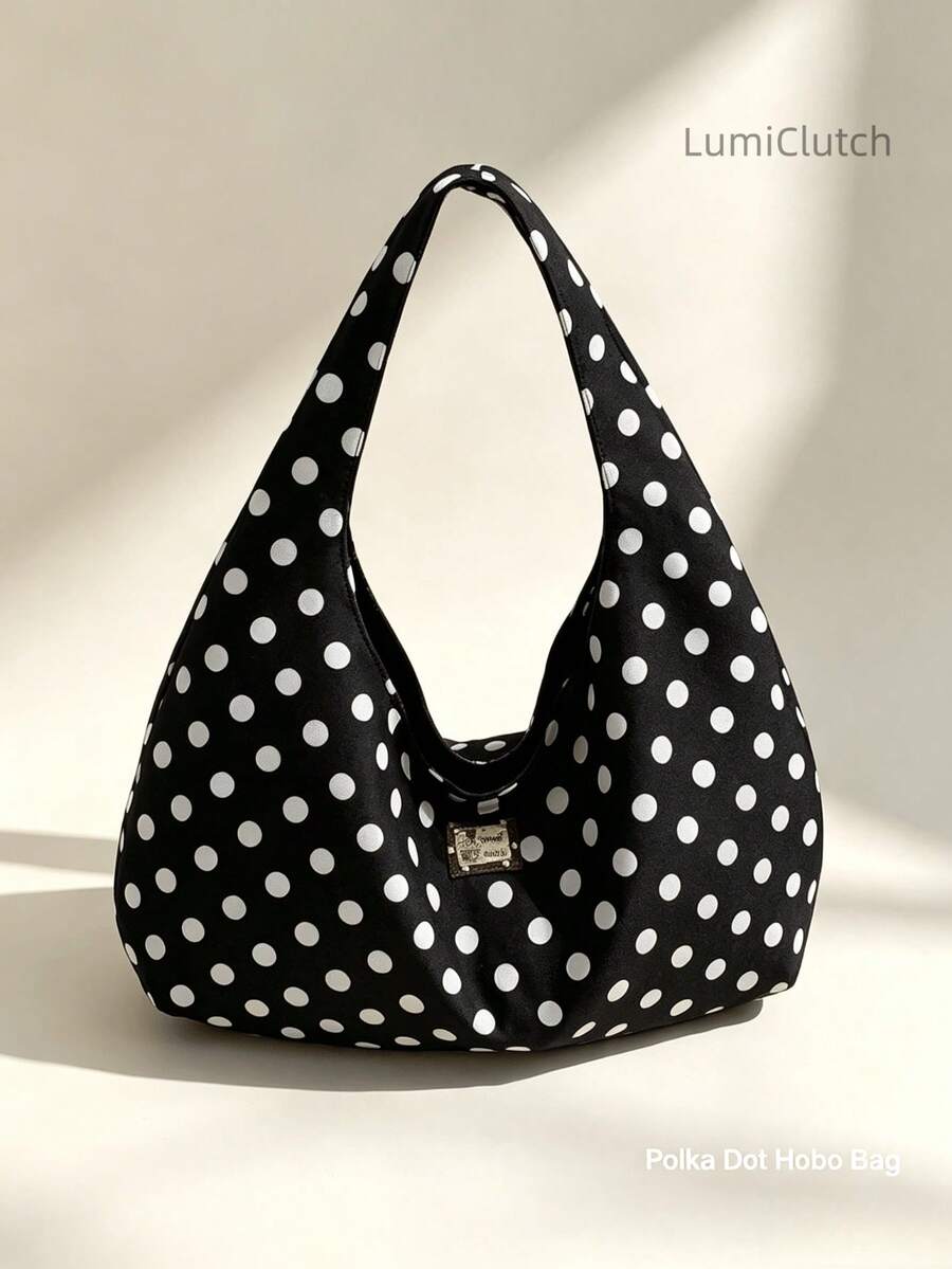 Women Large Polka Dot Hobo Bag, Wrinkle Canvas Crossbody Shoulder Tote Purse, Casual Daily Handbag For Travel Shopping School, Lightweight Sling Bag