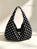 Women Large Polka Dot Hobo Bag, Wrinkle Canvas Crossbody Shoulder Tote Purse, Casual Daily Handbag For Travel Shopping School, Lightweight Sling Bag
