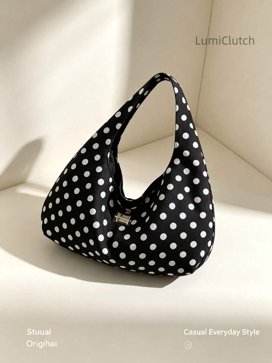 Women Large Polka Dot Hobo Bag, Wrinkle Canvas Crossbody Shoulder Tote Purse, Casual Daily Handbag For Travel Shopping School, Lightweight Sling Bag