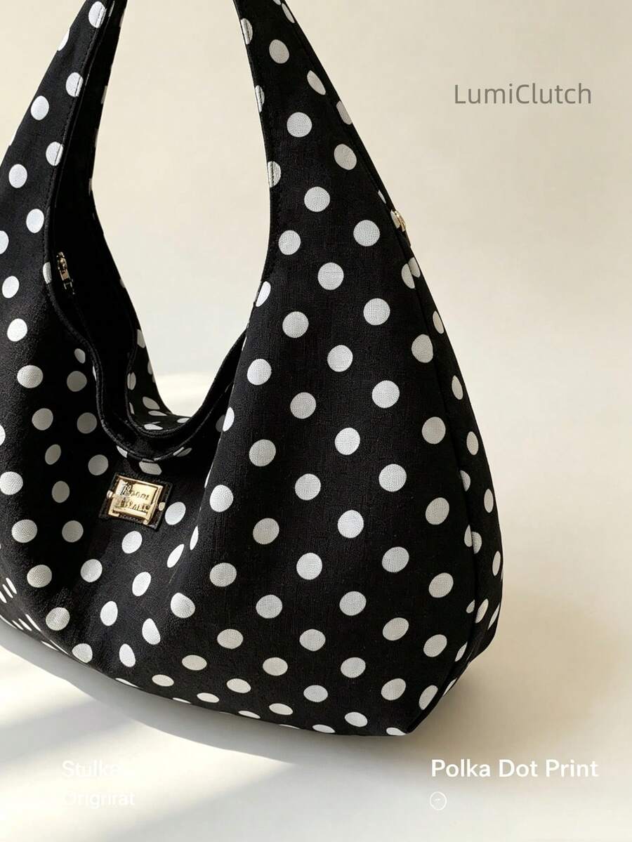 Women Large Polka Dot Hobo Bag, Wrinkle Canvas Crossbody Shoulder Tote Purse, Casual Daily Handbag For Travel Shopping School, Lightweight Sling Bag