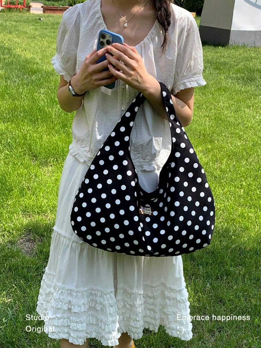 Women Large Polka Dot Hobo Bag, Wrinkle Canvas Crossbody Shoulder Tote Purse, Casual Daily Handbag For Travel Shopping School, Lightweight Sling Bag