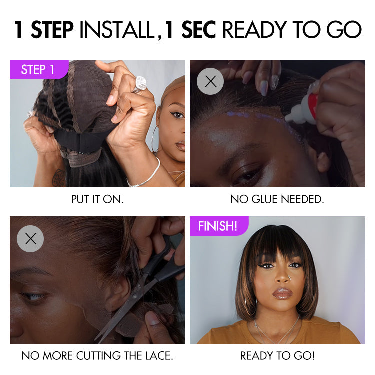 Put On and Go Ash Blonde Highlight / Brown Highlight / Natural Black Layered Cut Yaki Straight Minimalist Lace Bob Wig