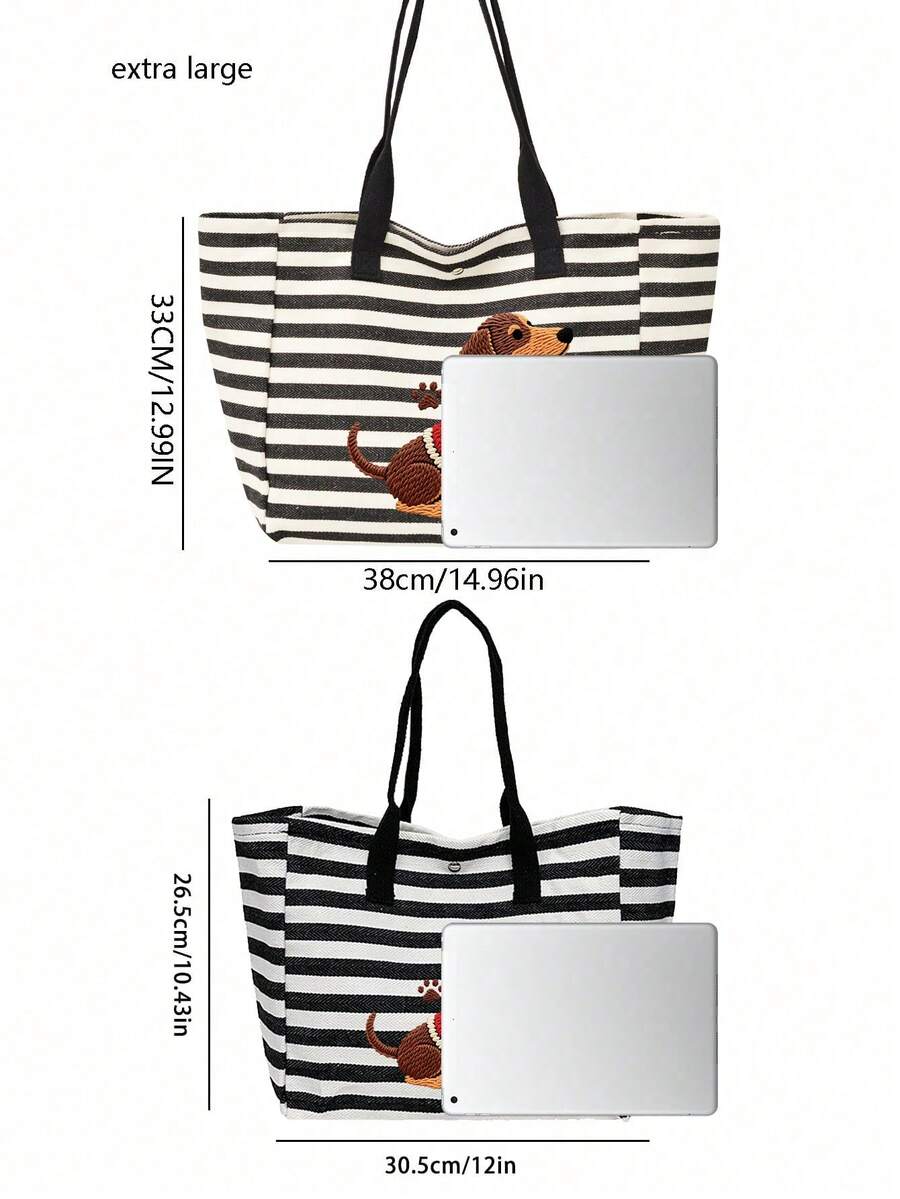 Women's Black And White Striped Dachshund Print Beach Tote Bag, Large Capacity Casual Shoulder Bag, Sand-Proof Beach Travel Bag, Cute Dachshund Print, Store Summer Essentials, Lightweight Reusable Sho