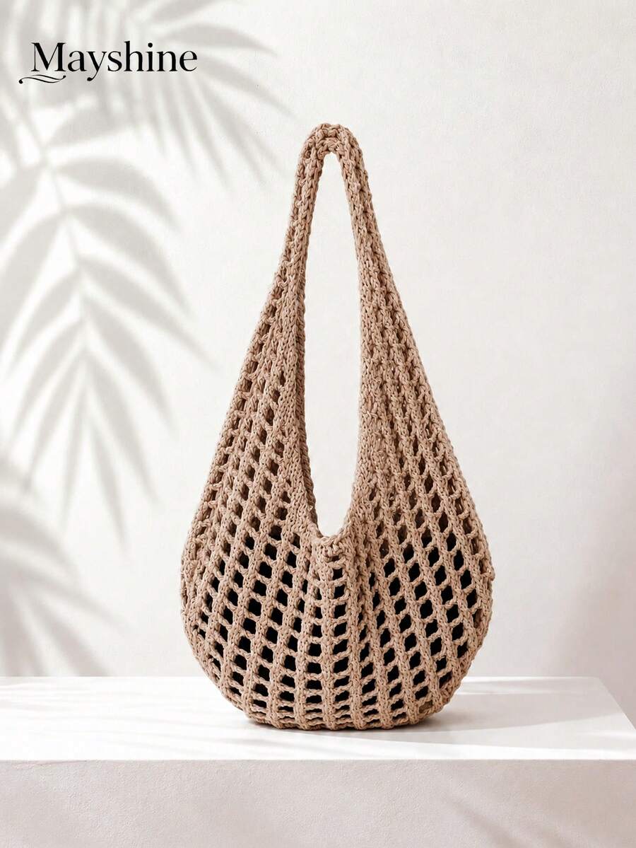 2026 New Large Capacity Hollow Vintage Beach Bag, Bohemian Beach Bag, Holiday Essential, Women's Fashion Handmade Crochet Handbag. Suitable For College Students, Back To School And Mother's Day Gift