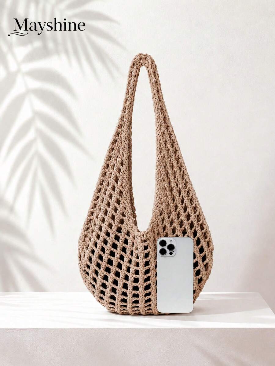 2026 New Large Capacity Hollow Vintage Beach Bag, Bohemian Beach Bag, Holiday Essential, Women's Fashion Handmade Crochet Handbag. Suitable For College Students, Back To School And Mother's Day Gift