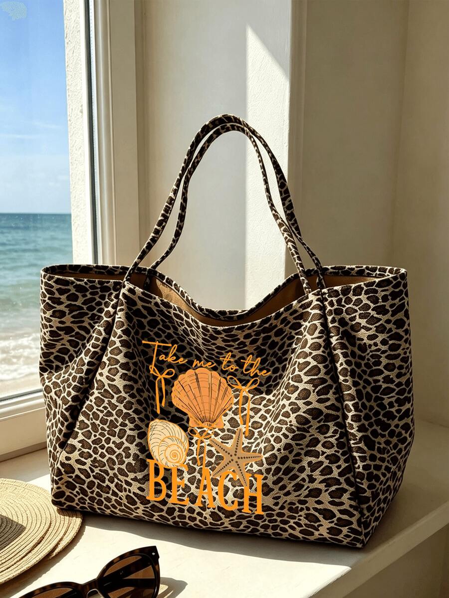 Large Capacity Leopard Print Beach Tote Bag, Printed With BEACH And Shell Patterns, Fashionable Shoulder Bag, Leopard Print Makeup Bag Coin Purse, Foldable Handbag, Essential Summer Travel Bag, Ideal