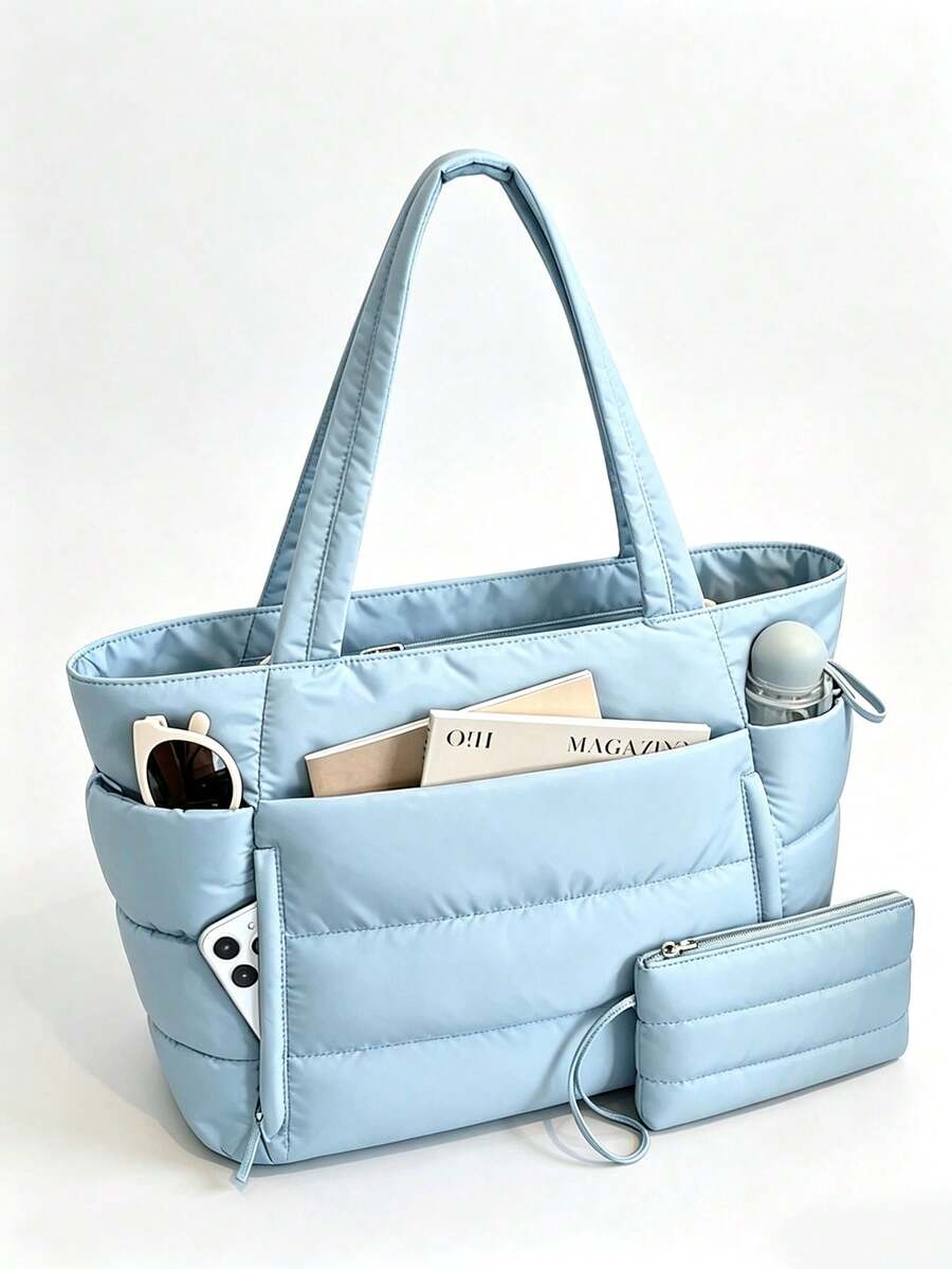Solid Color Quilted Padded Multi-Pocket Decorative Waterproof Mother-Daughter Bag Set, Wide Strap, Large Capacity, Drawstring Closure, Minimalist Commuter Style Tote Bag, Women's Office Daily Handheld