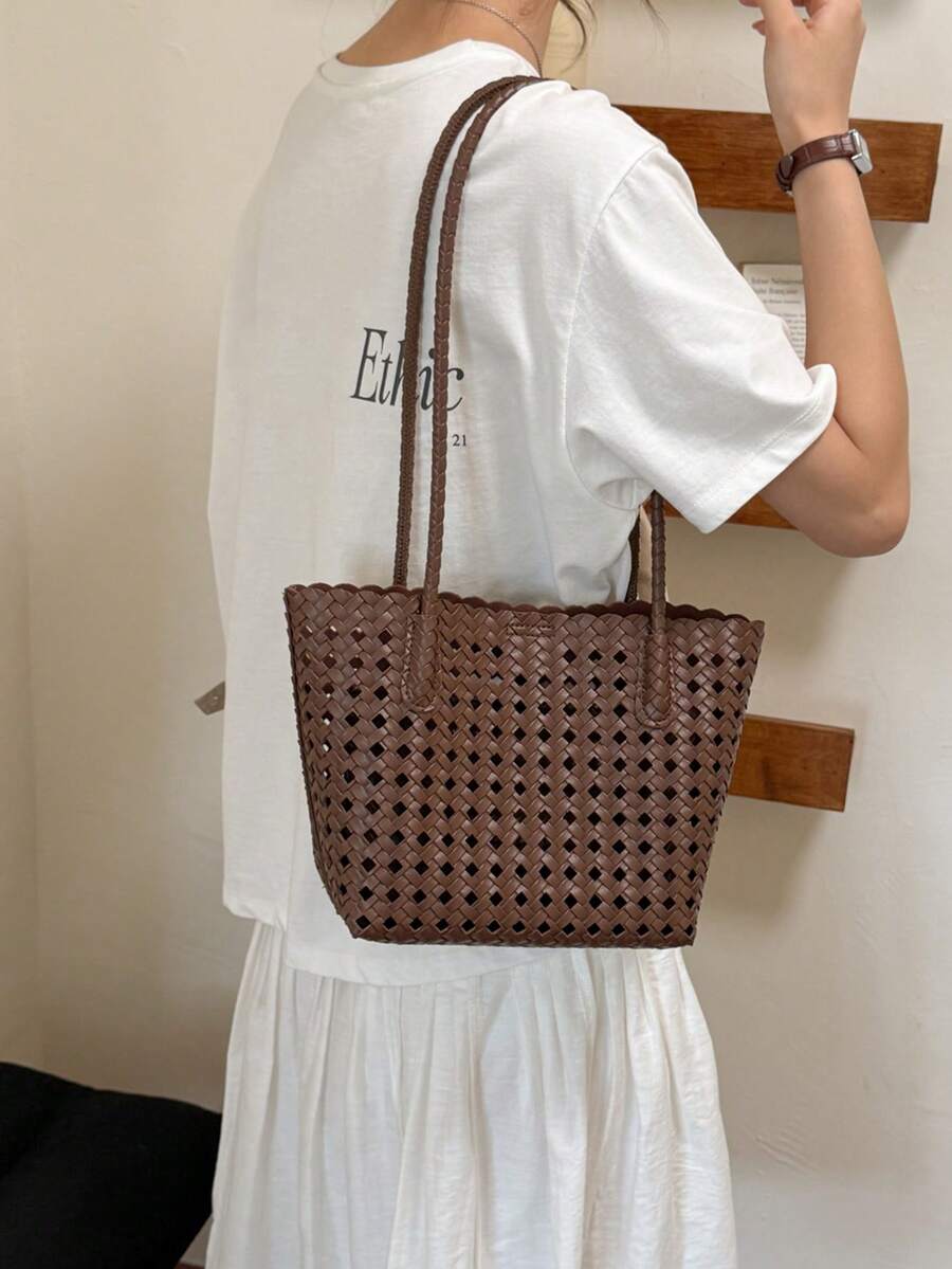 Women's Vintage Hollow Woven Leather Tote Bag, Magnetic Closure Large Capacity Bucket Bag, Fashion Casual Daily Commute Shopping Bag, Breathable Woven Large Capacity Handbag, Suitable For Vacation, Be