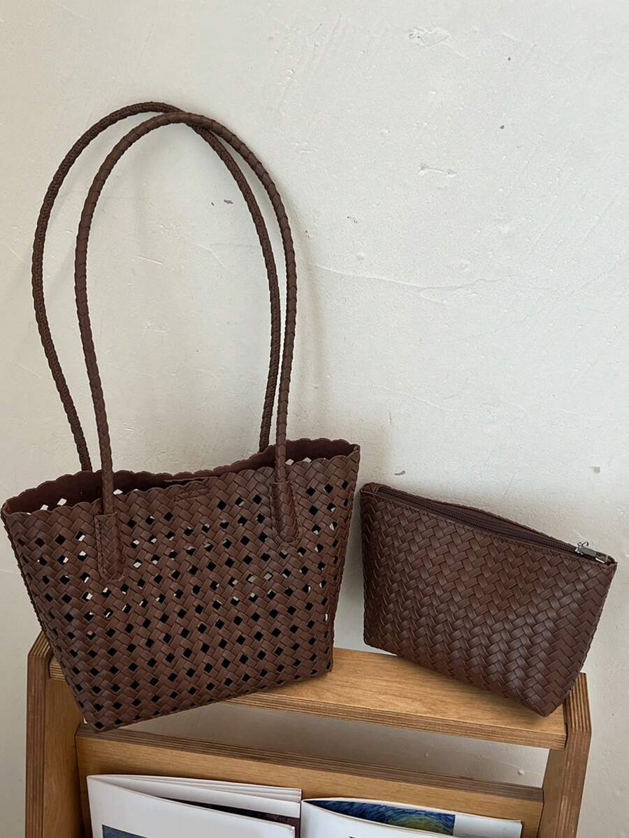 Women's Vintage Hollow Woven Leather Tote Bag, Magnetic Closure Large Capacity Bucket Bag, Fashion Casual Daily Commute Shopping Bag, Breathable Woven Large Capacity Handbag, Suitable For Vacation, Be