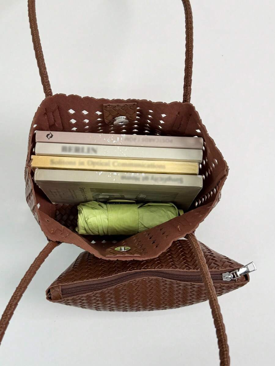 Women's Vintage Hollow Woven Leather Tote Bag, Magnetic Closure Large Capacity Bucket Bag, Fashion Casual Daily Commute Shopping Bag, Breathable Woven Large Capacity Handbag, Suitable For Vacation, Be