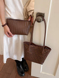 Women's Vintage Hollow Woven Leather Tote Bag, Magnetic Closure Large Capacity Bucket Bag, Fashion Casual Daily Commute Shopping Bag, Breathable Woven Large Capacity Handbag, Suitable For Vacation, Be