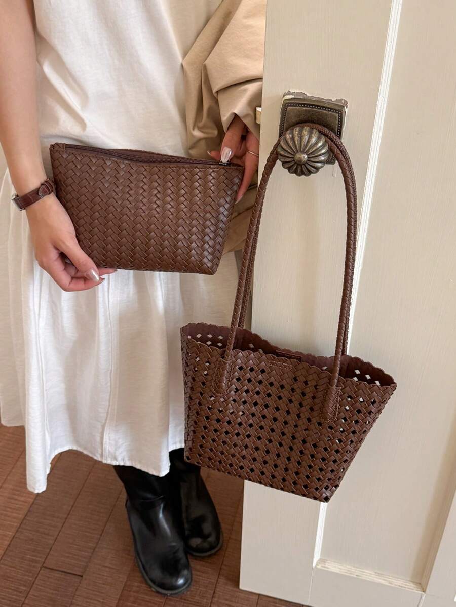 Women's Vintage Hollow Woven Leather Tote Bag, Magnetic Closure Large Capacity Bucket Bag, Fashion Casual Daily Commute Shopping Bag, Breathable Woven Large Capacity Handbag, Suitable For Vacation, Be