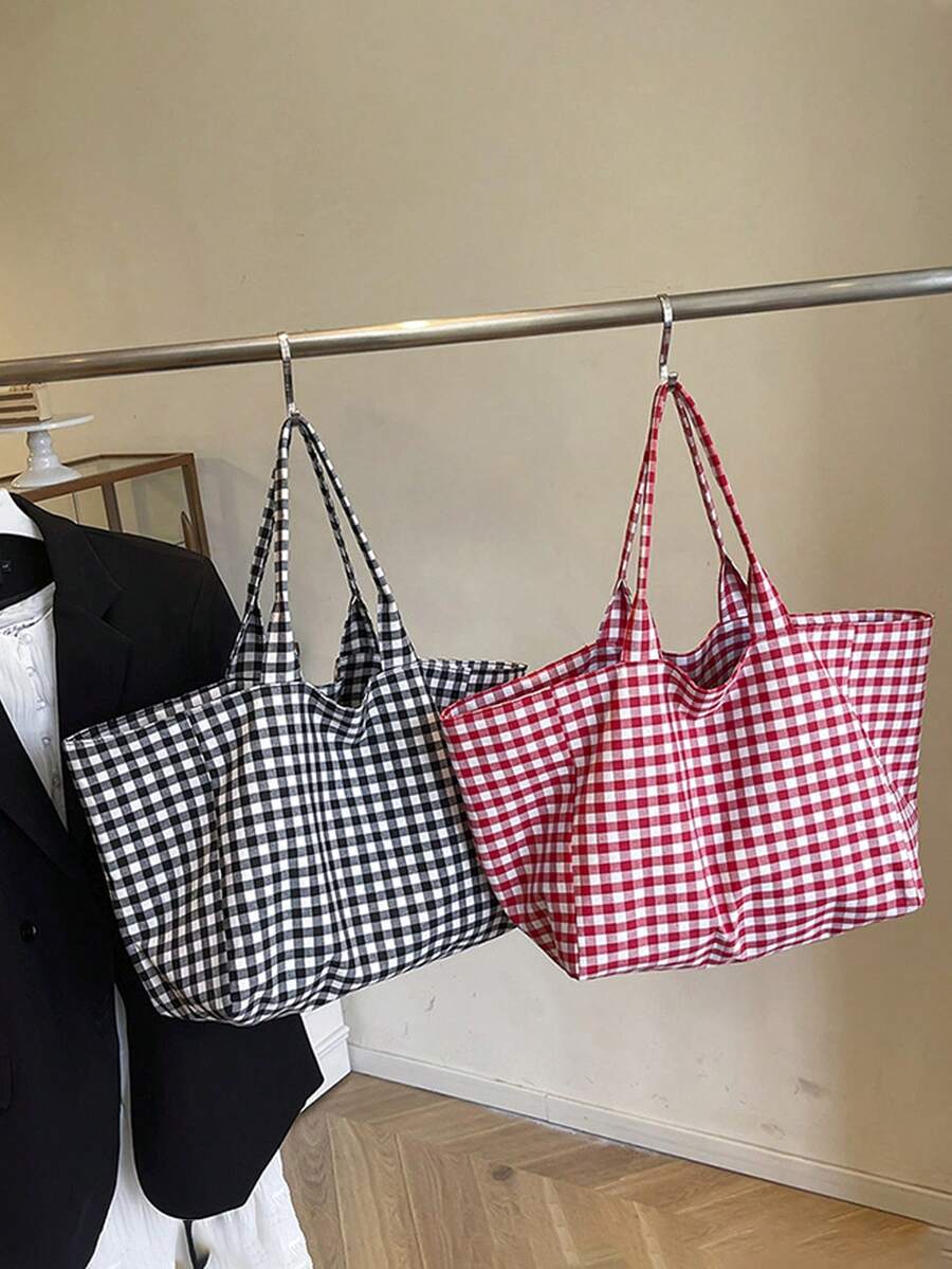 Large Capacity Plaid Tote Bag Set, Women's Fashion Shoulder Bag, Lightweight Summer Travel Beach Bag, Multi-Functional Shopping Bag, Portable Makeup Bag, Toiletry Bag, Suitable For Office, Vacation, B