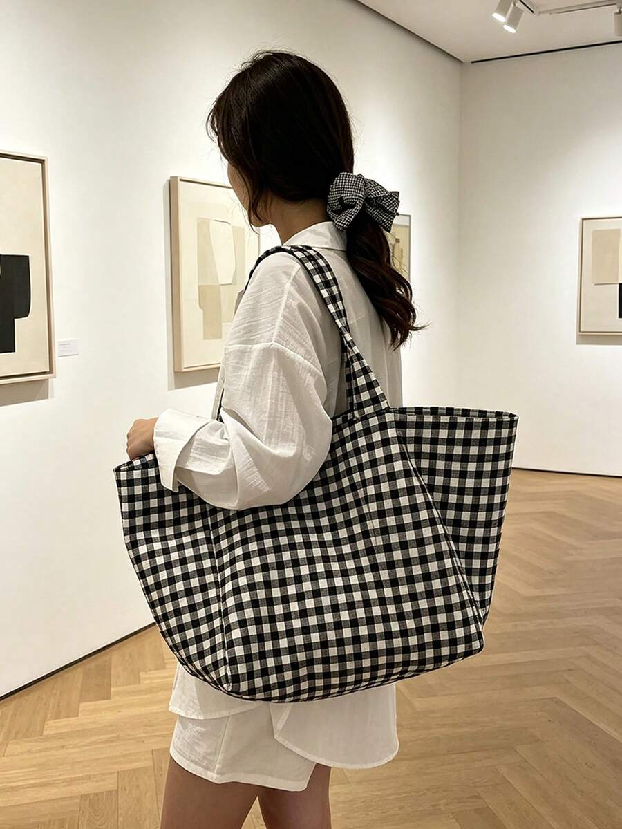 Large Capacity Plaid Tote Bag Set, Women's Fashion Shoulder Bag, Lightweight Summer Travel Beach Bag, Multi-Functional Shopping Bag, Portable Makeup Bag, Toiletry Bag, Suitable For Office, Vacation, B