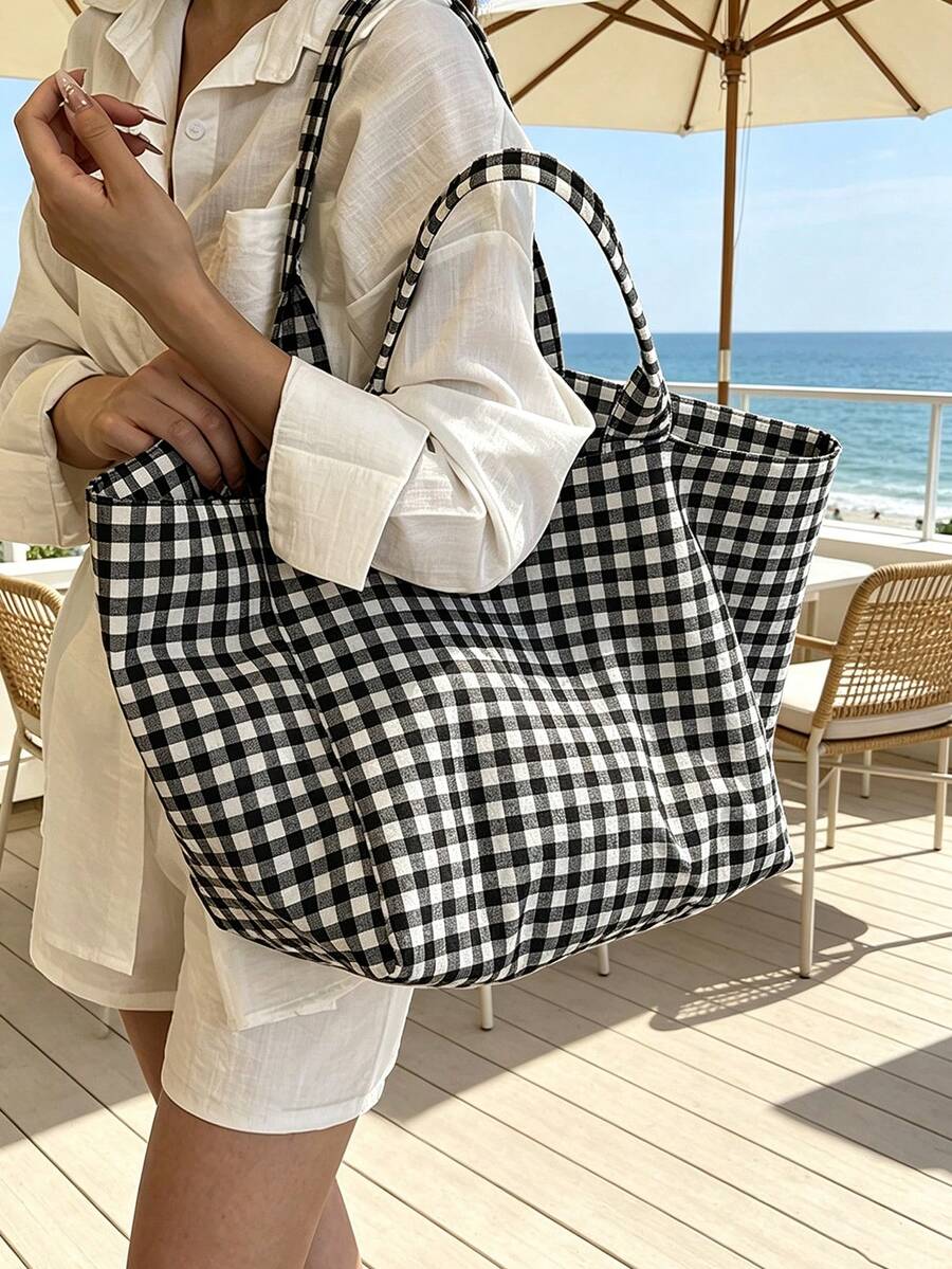 Large Capacity Plaid Tote Bag Set, Women's Fashion Shoulder Bag, Lightweight Summer Travel Beach Bag, Multi-Functional Shopping Bag, Portable Makeup Bag, Toiletry Bag, Suitable For Office, Vacation, B