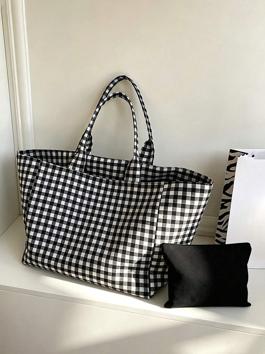 Large Capacity Plaid Tote Bag Set, Women's Fashion Shoulder Bag, Lightweight Summer Travel Beach Bag, Multi-Functional Shopping Bag, Portable Makeup Bag, Toiletry Bag, Suitable For Office, Vacation, B