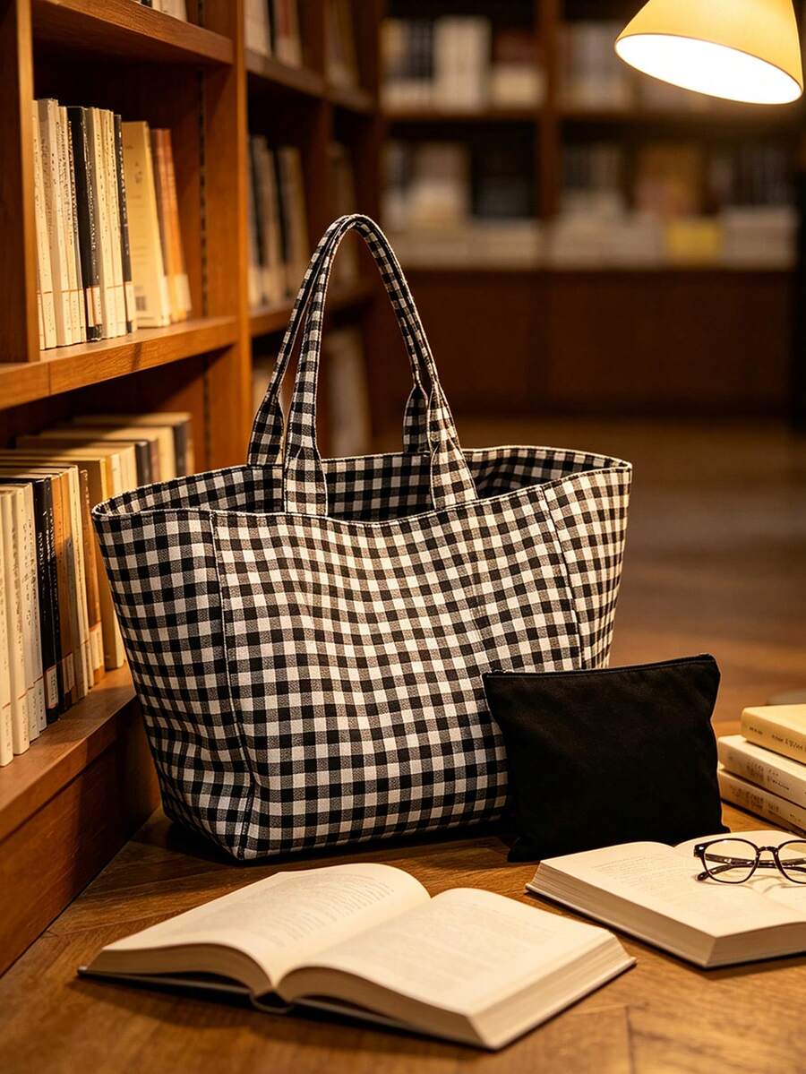 Large Capacity Plaid Tote Bag Set, Women's Fashion Shoulder Bag, Lightweight Summer Travel Beach Bag, Multi-Functional Shopping Bag, Portable Makeup Bag, Toiletry Bag, Suitable For Office, Vacation, B