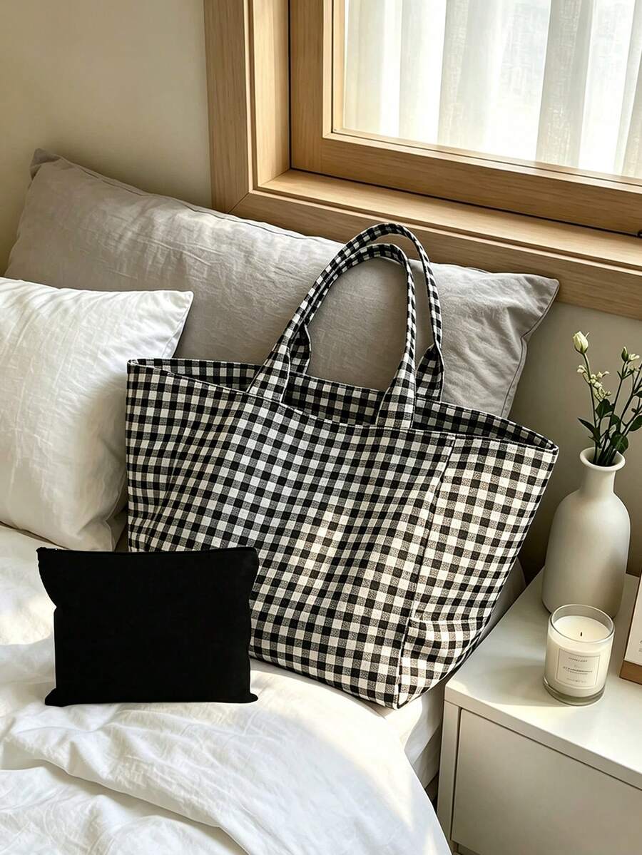 Large Capacity Plaid Tote Bag Set, Women's Fashion Shoulder Bag, Lightweight Summer Travel Beach Bag, Multi-Functional Shopping Bag, Portable Makeup Bag, Toiletry Bag, Suitable For Office, Vacation, B