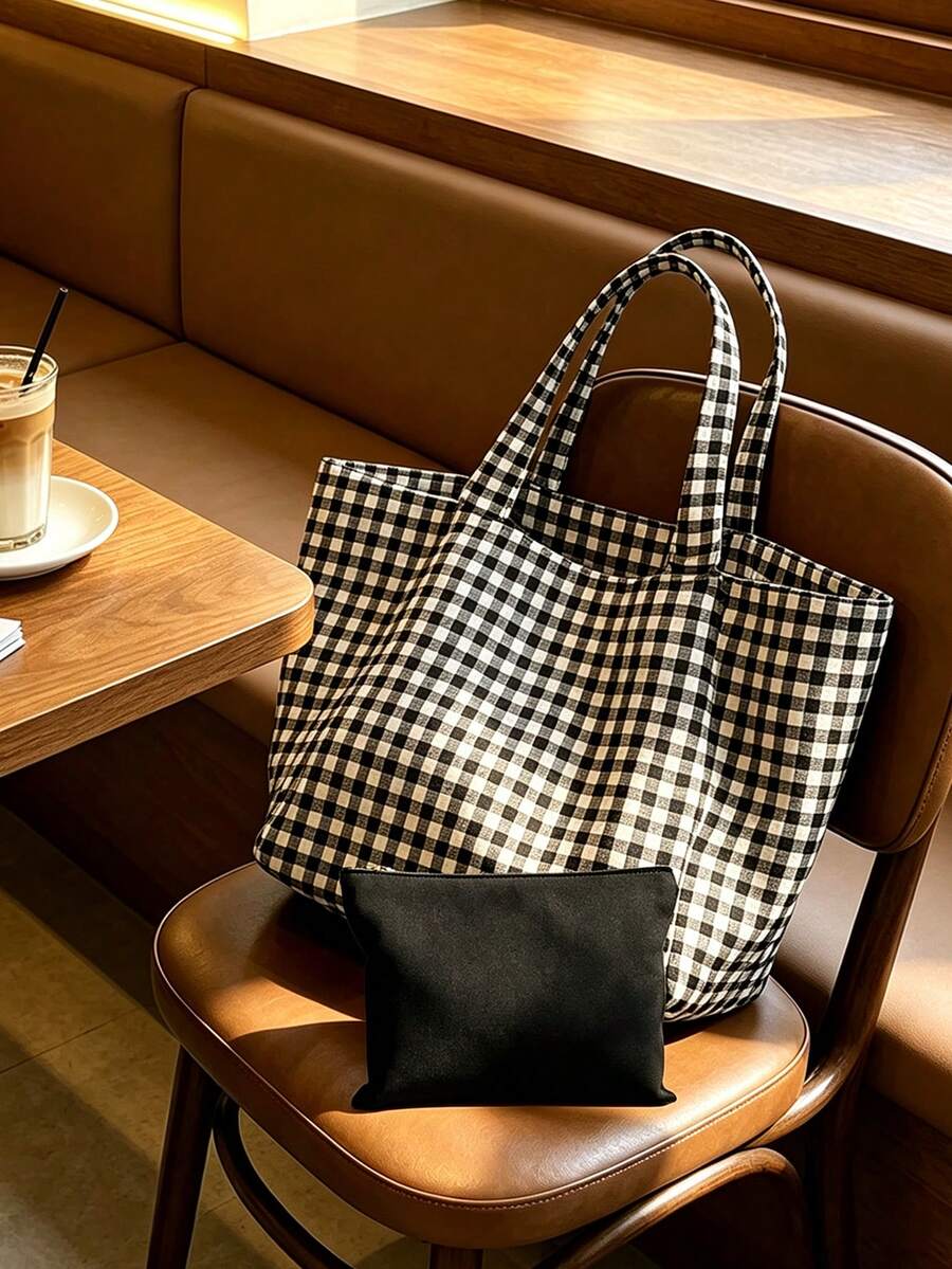 Large Capacity Plaid Tote Bag Set, Women's Fashion Shoulder Bag, Lightweight Summer Travel Beach Bag, Multi-Functional Shopping Bag, Portable Makeup Bag, Toiletry Bag, Suitable For Office, Vacation, B