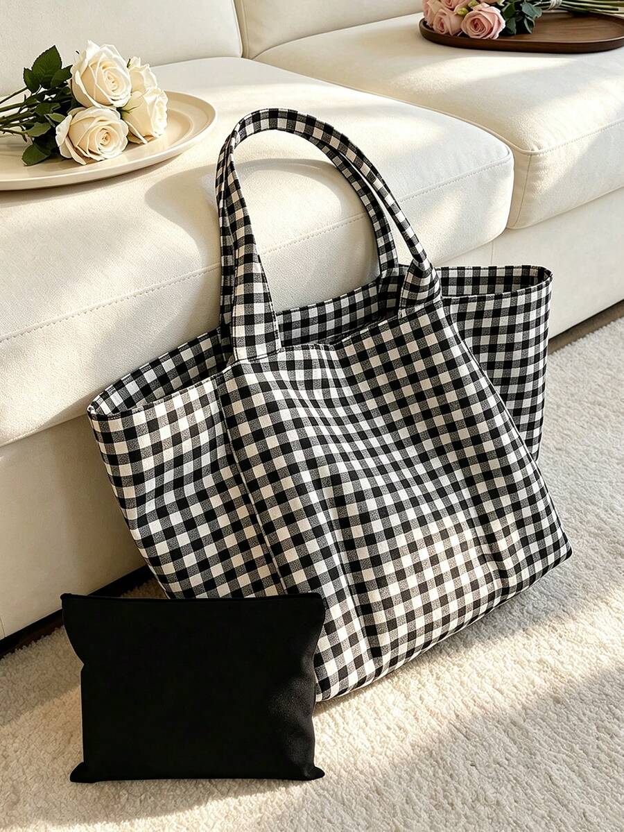 Large Capacity Plaid Tote Bag Set, Women's Fashion Shoulder Bag, Lightweight Summer Travel Beach Bag, Multi-Functional Shopping Bag, Portable Makeup Bag, Toiletry Bag, Suitable For Office, Vacation, B