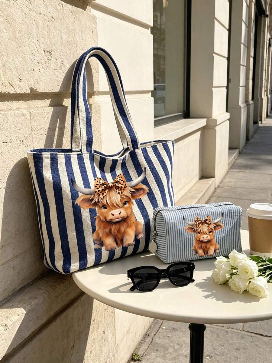 Charming Highland Cow Print Tote Bag, Vintage Striped Handbag And Matching Pouch, Fashionable Colorblock Design, Striped Beach Bag, Canvas Holiday Tote, Large Capacity Shoulder Bag, Reusable Shopping