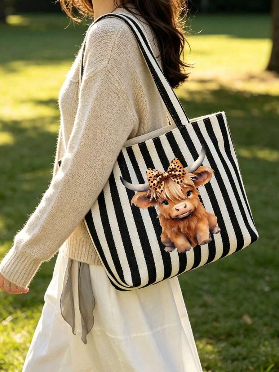 Charming Highland Cow Print Tote Bag, Vintage Striped Handbag And Matching Pouch, Fashionable Colorblock Design, Striped Beach Bag, Canvas Holiday Tote, Large Capacity Shoulder Bag, Reusable Shopping