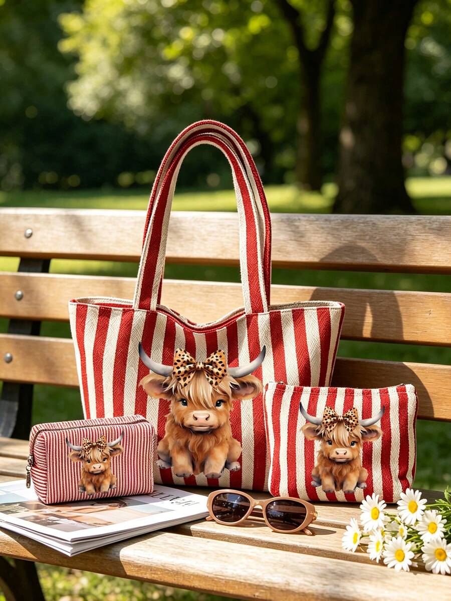 Charming Highland Cow Print Tote Bag, Vintage Striped Handbag And Matching Pouch, Fashionable Colorblock Design, Striped Beach Bag, Canvas Holiday Tote, Large Capacity Shoulder Bag, Reusable Shopping