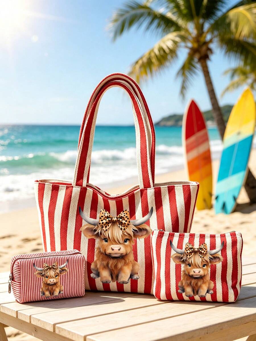 Charming Highland Cow Print Tote Bag, Vintage Striped Handbag And Matching Pouch, Fashionable Colorblock Design, Striped Beach Bag, Canvas Holiday Tote, Large Capacity Shoulder Bag, Reusable Shopping
