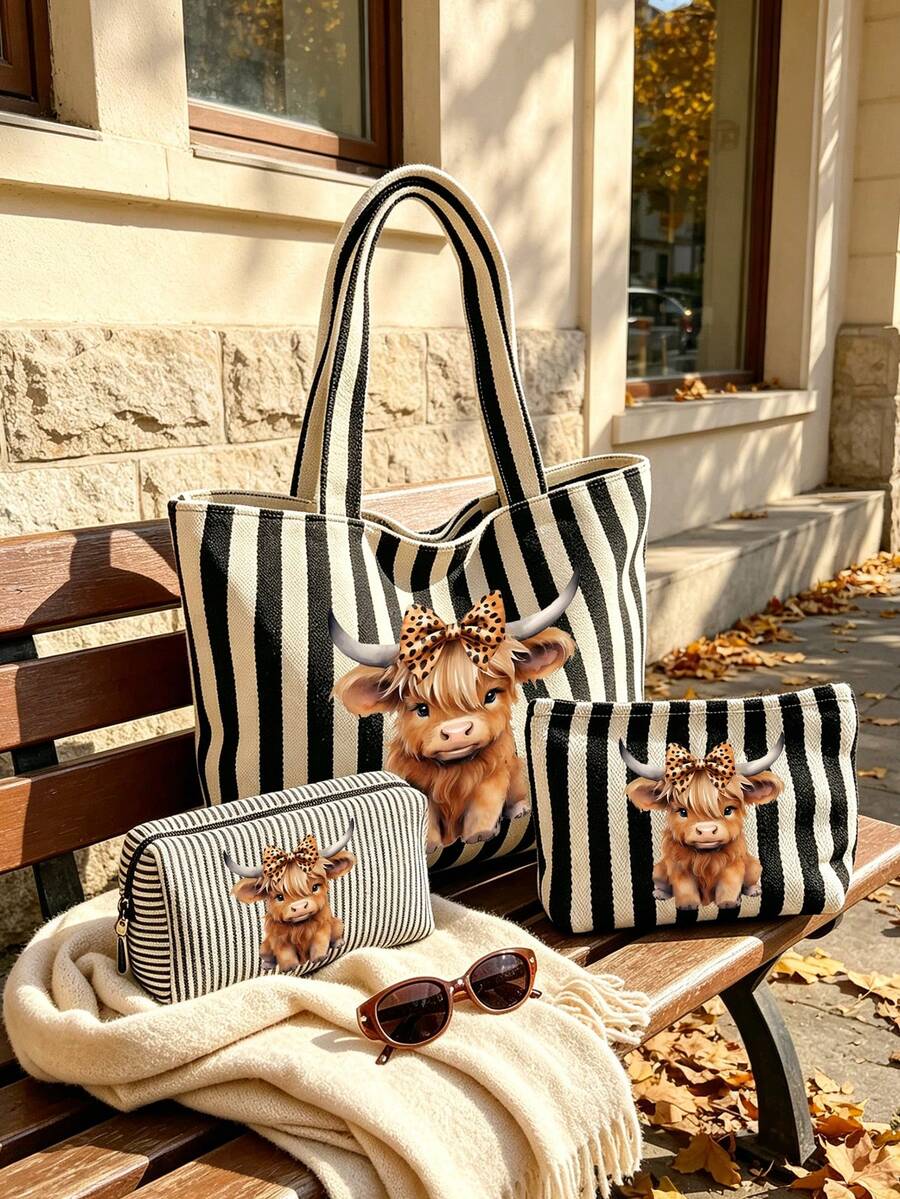 Charming Highland Cow Print Tote Bag, Vintage Striped Handbag And Matching Pouch, Fashionable Colorblock Design, Striped Beach Bag, Canvas Holiday Tote, Large Capacity Shoulder Bag, Reusable Shopping