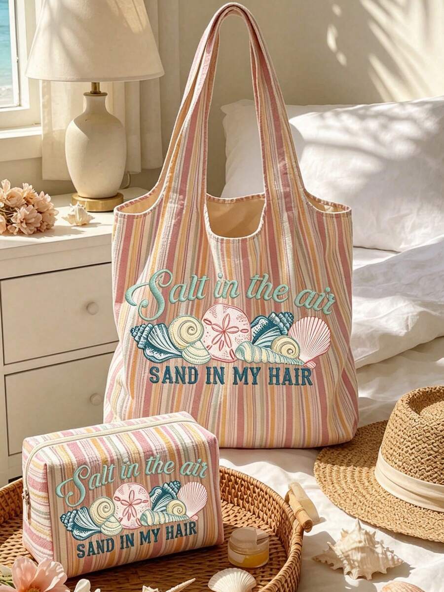 Large Capacity Beach Style Striped Shoulder Bag With Matching Mini Storage Pouch- Large Pink And White Striped Canvas Shoulder Bag With Green Letter And Shell Pattern, Summer Beach Travel Handbag Set