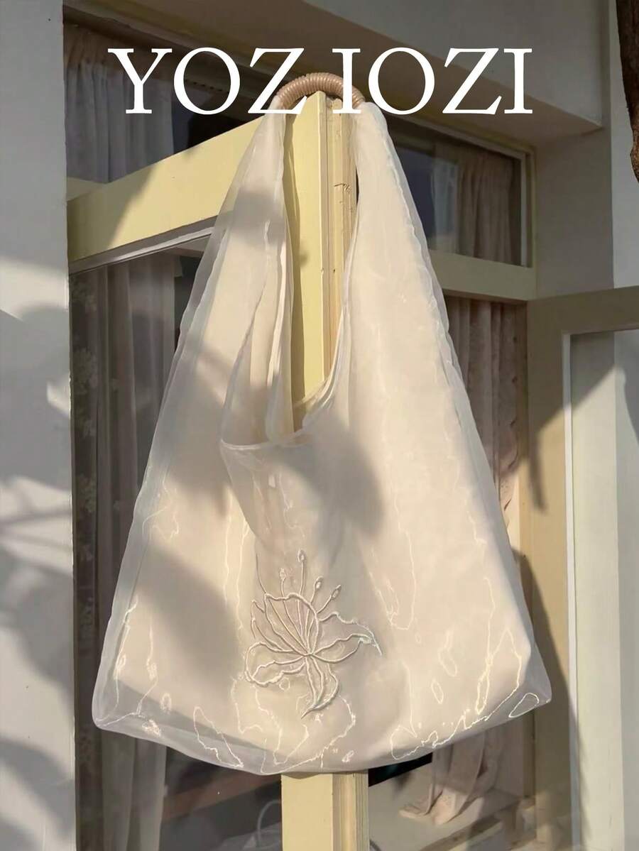 Korean Style Niche Design Ins-Inspired Sheer Embroidered Shoulder Commuter Casual Daily Shopping Canvas Bag, Gentle Slouchy Large Capacity Shoulder Underarm Handbag For Women