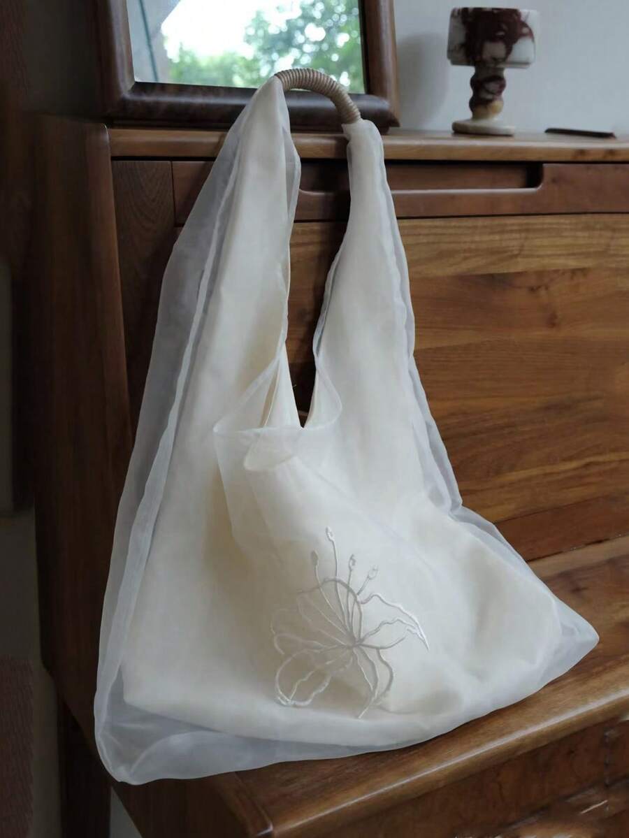 Korean Style Niche Design Ins-Inspired Sheer Embroidered Shoulder Commuter Casual Daily Shopping Canvas Bag, Gentle Slouchy Large Capacity Shoulder Underarm Handbag For Women