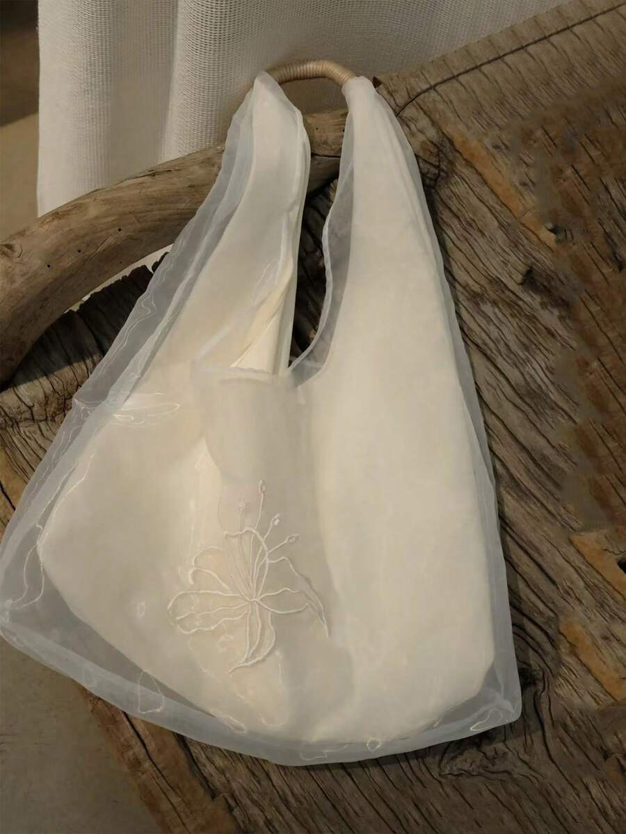 Korean Style Niche Design Ins-Inspired Sheer Embroidered Shoulder Commuter Casual Daily Shopping Canvas Bag, Gentle Slouchy Large Capacity Shoulder Underarm Handbag For Women