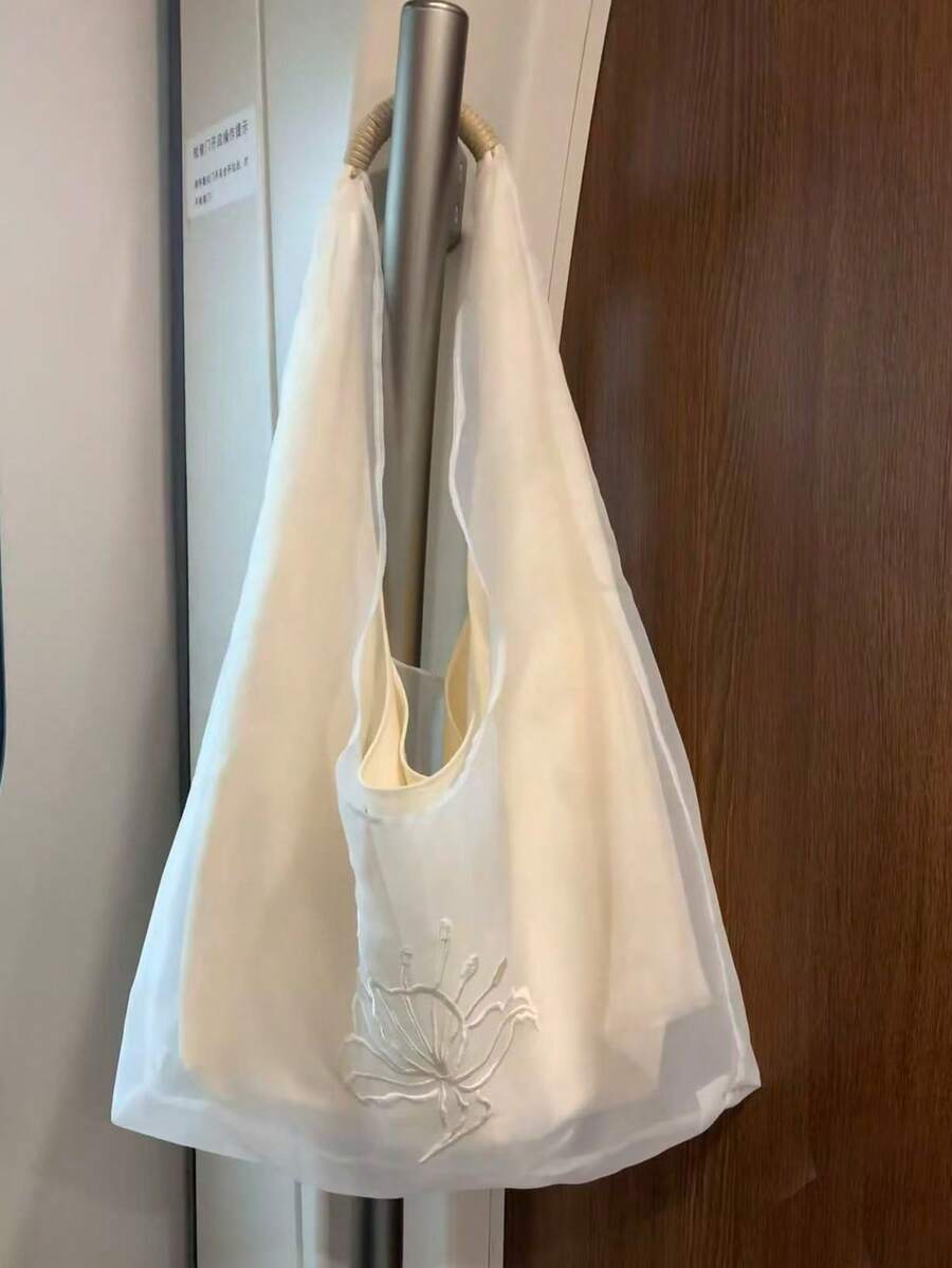 Korean Style Niche Design Ins-Inspired Sheer Embroidered Shoulder Commuter Casual Daily Shopping Canvas Bag, Gentle Slouchy Large Capacity Shoulder Underarm Handbag For Women