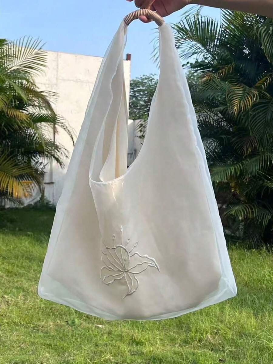 Korean Style Niche Design Ins-Inspired Sheer Embroidered Shoulder Commuter Casual Daily Shopping Canvas Bag, Gentle Slouchy Large Capacity Shoulder Underarm Handbag For Women